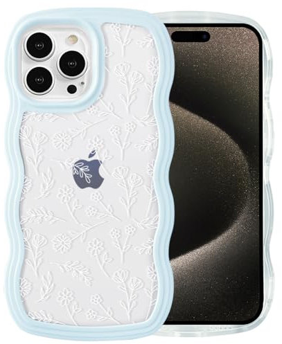 QLTYPRI for iPhone 12 Case/iPhone 12 Pro Case,Cute Curly Wave Frame Clear Case for Girls Women,Flower Clear TPU Bumper Soft Silicone Shockproof Phone Cover for iPhone 12/12 Pro-White Floral/Light Blue