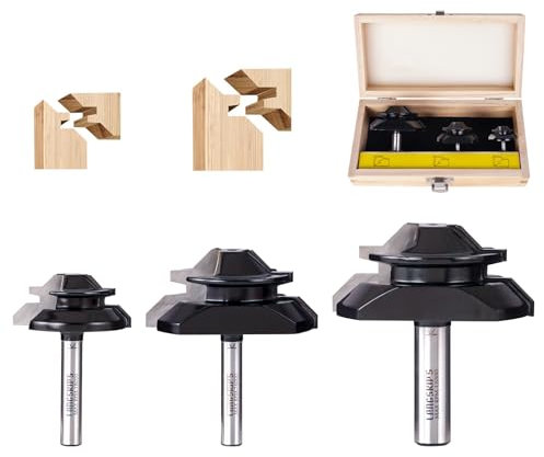 45 Degree Lock Miter Router Bit 1/4 Inch Shank and 1/2 Shank, for 1/2, 3/4, 1 Cutting Height, 3PCS Joint Router Bits, Woodworking Tools Milling Cutter Glue Joint Tools Set