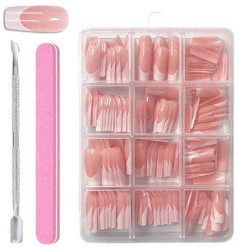Press on Nails,Coffin Fake Nails French Tip Nude Color 360 Pcs Glossy Full Cover Glue on Nails,Seamless Fit Various Sizes Ballerina Nail Kit Art Manicure Decorations for Girls Women