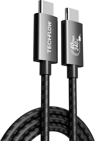 TechFlow USB 4 C to C Cable, Thunderbolt 4 capable, Braided 240W Power Delivery Ultra-Fast Charging 40 Gb/s Data Transfer 8K 60Hz Hi-Res Coaxial Phones, Tablets, Laptops & All Type C devices (2m)
