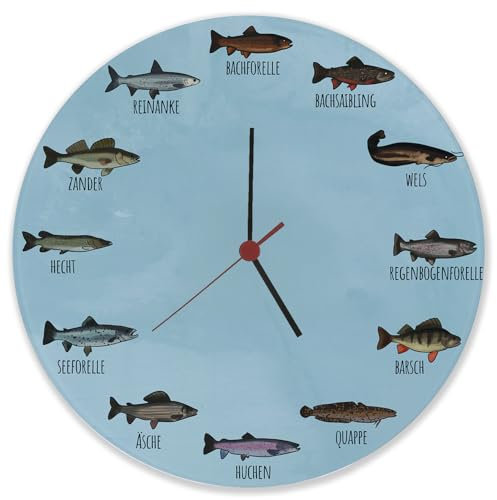 speecheese Deutsche Fischarten Wanduhr aus Glas Uhr mit Fischen aus Deutschen Gewässern witzige Idee für Angler als Deko für das Vereinsheim, die Garage oder den Keller