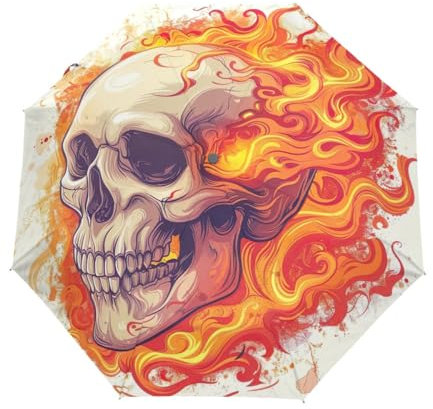 GAIREG Totenkopf-Regenschirm mit Feuerflammen und automatischem Öffnen und Schließen, kompakter, winddichter Regenschirm