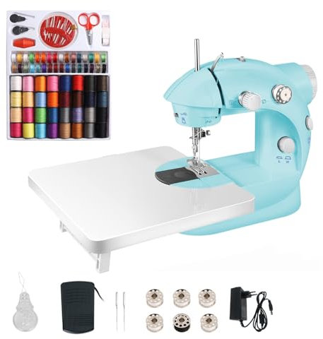 Outbit 202A Mini Elektrische Nähmaschine mit Erweiterungskarte und 99-teiligem Handarbeitsset (Blau)
