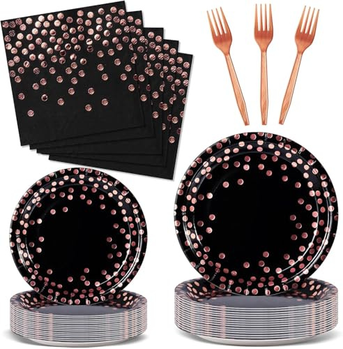 Nkaiso 144 Pcs Black and Rose Gold Party Plates Cups and Napkins Set for24 | Kids Birthday Plates Party Supplies Set with Paper Plates Napkins Reusable Cutlery for Wedding Decorations Shower