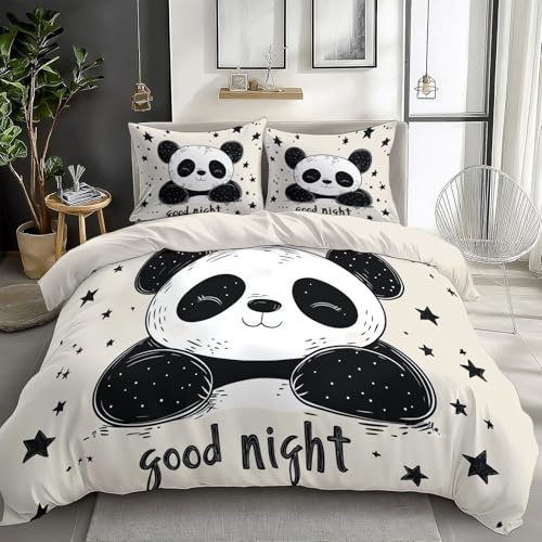 Quixora 3-teiliges Bettwäsche-Set 155 x 220 cm mit 2 Kissenbezügen 80x80 cm, Bettbezüge Zeichentricktier Panda Druck weiche Mikrofaser für Kinder Mädchen und Teenager, Beige
