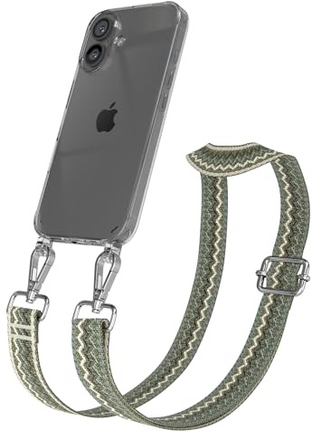 EAZY CASE Handykette - Verstellbares Taschenband kompatibel mit iPhone 16, Schulterriemen, Handykordel mit Silikon Hülle, Umhängetasche, Grün Beige Silber