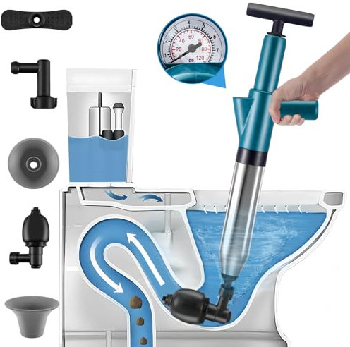 Gxpjycfob High Pressure Toilet Plunger Set, Heavy Duty Drain Unblocker with 4 Replaceable Heads and Inflatable Footbed for Kitchen Bathroom, Air Plunger for Toilet, Sink, Bathtub, Floor Drain