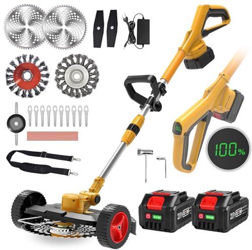 21V Cordless Strimmer with weed brush, Telescopic Lightweight Grass Trimmer 2 x 4000mAh Battery, Electric Garden Strimmer Grass Cutter for Lawn Edger Pruning Weed