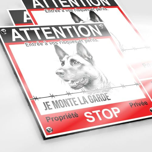 Plaque Malinois 90x90mm Dibond 2mm + Autocollant Vidéo Surveillance - Panneau Attention au Chien Alarme Maison
