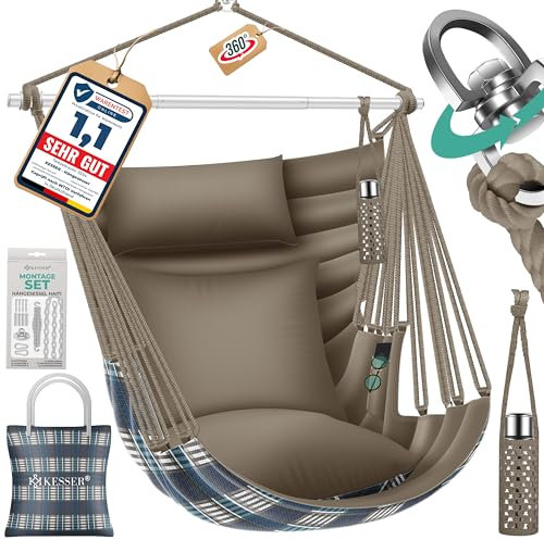 KESSER® Hängesessel Haiti 150kg Traglast, Hängestuhl 360° Drehung, Hängeschaukel Indoor-Outdoor UV-beständig & Wasserfest, Pflegeleicht, Inkl. 2 Kissen, Tragetasche, Flaschenhalter & Montage-Set