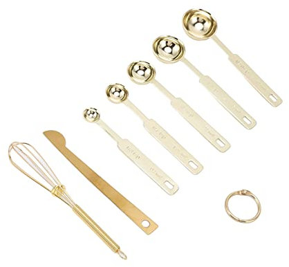 Measuring Spoons, Stainless Steel Able Spoon Design Multifunction Set with Er Eggbeater Cup Kitchen Seasoning Baking Piece Scale with Stirring Stick Coffee Gold (Golden)