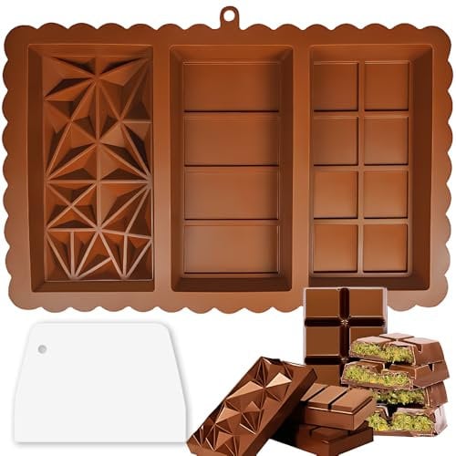 3 in 1 Deep Silicone Chocolate Bar Moulds with Spatula, Big and Thick Chocolate Mould Reusable Molds Kit for DIY Baking Candy Ice Cube Maker