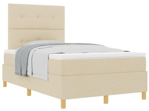 vidaXL Cremefarbenes Knopf-Gepolstertes Bettgestell mit verstellbaren Armlehnen, Stoff- und Holzbauweise, 120 x 200 cm, für drinnen, einfache Montage, ideal für Schlafzimmer, Elegantes Holz