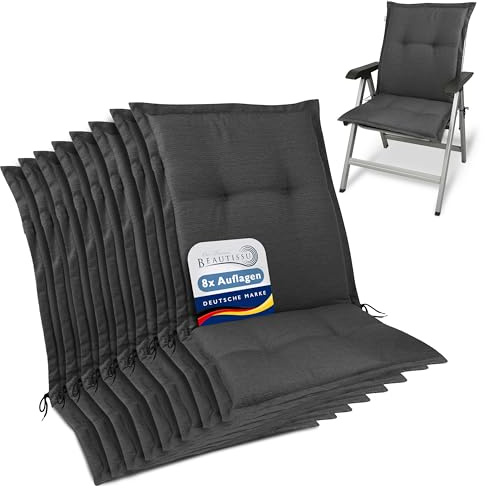 Beautissu 8er Set Premium Gartenstuhlauflage Niedriglehner Sitzkissen Stoff | 105x50x7cm Anthrazit Polster Auflage Niederlehner Gartenstuhl robuster UV-Lichtechtheit Auflagen Gartenpolster HighLux NL
