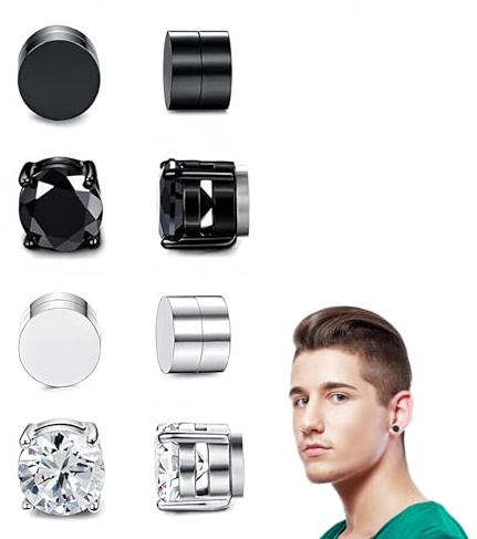 VYNZOR 4 Paare Magnetohrringe Herren Ohrringe Damen Magnetische Ohrringe Kinder Fake Ohrringe 6 mm Zirkonia 316L Edelstahl Schwarz