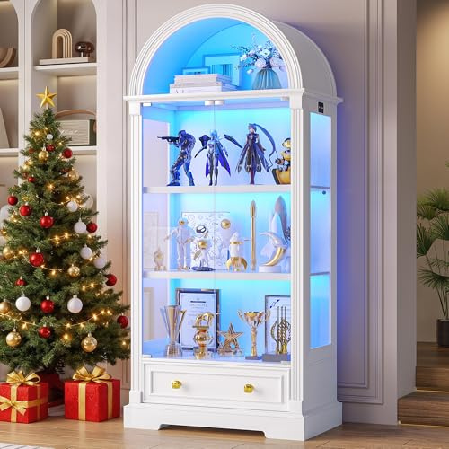 FREDEES Arched Display Cabinets with Glass Doors, 72 Tall Curio Cabinet with Human Sensor LED Lights, 4-Tier Display Case for Collectibles Bookcase Living Room, White
