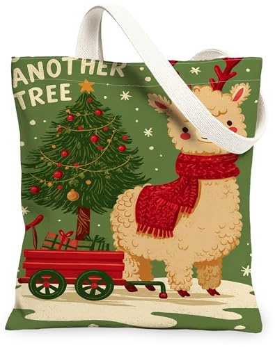Weihnachtliche Lama-Canvas-Tragetaschen, Urlaubstier-Design, wiederverwendbare Taschen, Winter, Vintage, leicht, waschbar, Segeltuch für Reisen, Grün , 13x15 Inch