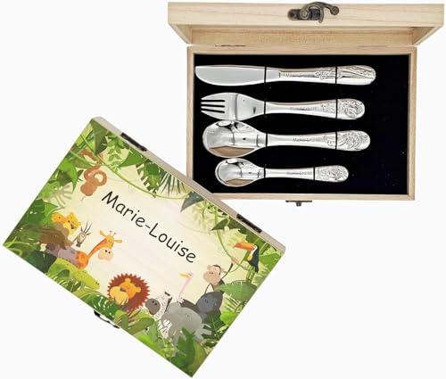 Personalisierte Holzbox/Kinderbesteck mit Gravur, 5-teilig, mit Namen | Verschiedene Motive, Baustelle, Prinzessin, Fußball, u.v.m., Geschenk zur Taufe, Geburt oder Geburtstag, Dschungel