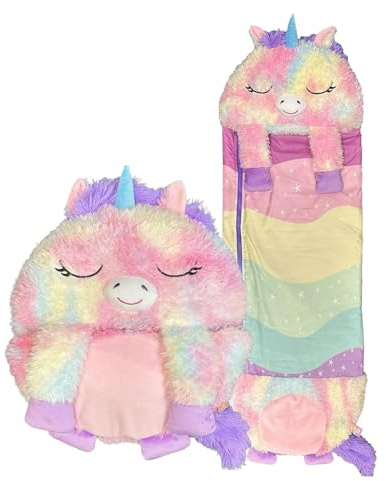 Happy Nappers Kids Sleeping Bag - Pastel Rainbow Unicorn Large Size - Suitable for Children Aged 7 Years and Over - Plush Toy, Comfy Sleeping Bag & Fluffy Pillow All in One