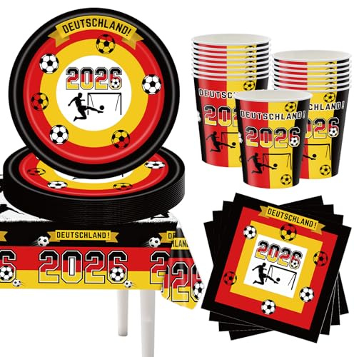 HOMAVEL Juego de 53 vajilla de fiesta con bandera de Alemania, paquete completo para Copa del Mundo con 16 platos, 6 vasos, 20 servilletas y mantel de 137 x 274 cm, color negro, rojo y dorado