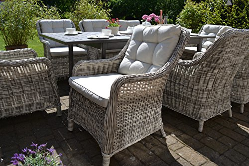 bomey Rattan-Sessel Set mit Polstern I Gartenmöbel Set Como 8-Teilig I Acht Gartensessel Grau + Polster Beige I Lounge Sessel für Garten + Terrasse + Wintergarten