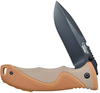 Camillus INFLAME Klappmesser, Einhandmesser, 8,3 cm Klinge in schwarz, mit Firestarter, Notpfeife, 440 Stahl, Carbonitride Titanium, 19473, braun/grau, 19cm