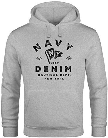 Neverless® Hoodie Herren Vintage Motiv Schriftzug Navy Denim Nautical New York Kapuzen-Pullover Männer grau XL