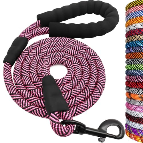 MayPaw Heavy Duty Rope Dog Lead, 3/4/5/6/7/8/10/12/15 FT Nylon Pet Leash, Soft Padded Handle Thick Lead Leashes for Large Medium Dogs Walking Training (Pink Black, 1/2 * 8')