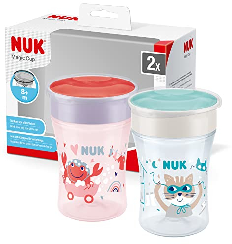 NUK Tasse d’Apprentissage Magic Cup | Bordure 360° antifuites | 8+ mois | sans BPA | 230 ml | crabe (rouge) | 2 unités