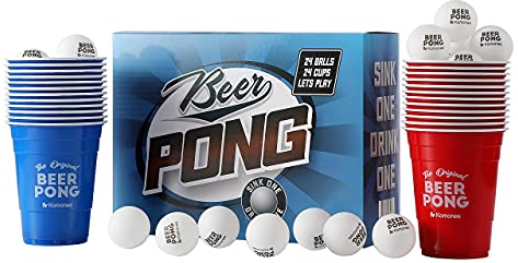 Komonee Beer Pong Set 48 PCS American Adult Indoor Novelty Party Drinking Game 24 Printed Red and Blue Re-usable Cups and 24 High Bounce ABS White Balls