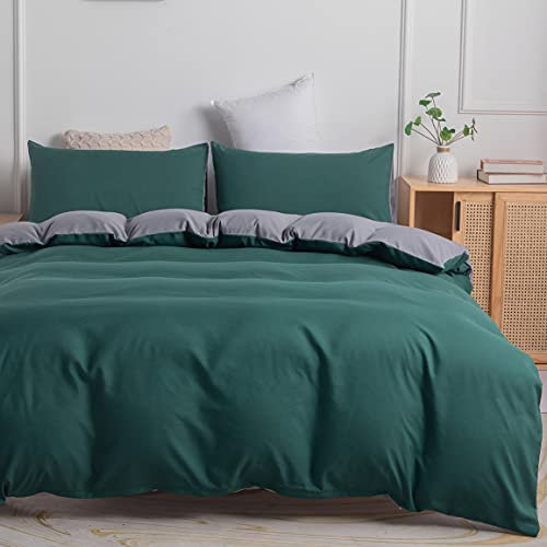 Gezu Housse de Couette Vert Foncé 220x240cm Gris Foncé Unie Réversible Parure de Lit 2 Personnes Microfibre avec Fermeture Éclair avec 2 Taie d'oreiller 65x65cm