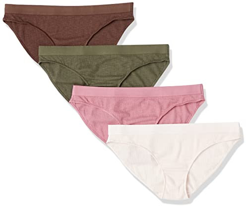 Amazon Essentials Bikini en Tissu Modal côtelé Femme, Lot de 4, Brun/Rose Pâle/Vert, 40
