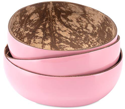 Decorasian Schalen aus echter Kokosnuss - Coconut Bowl - Kokosschale innen poliert, außen dekorativ lackiert - 3er Set rosa