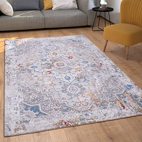 Paco Home Teppich Wohnzimmer Kurzflor Schlafzimmer Vintage Orientalisch Moderne Ornamente Bordüre, Grösse:80x150 cm, Farbe:Bunt