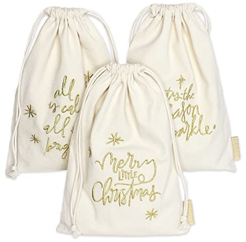 Papierdrachen 3 Geschenksäckchen zu Weihnachten - wunderschön bestickt und ideal zum nachhaltigen Verpacken von Weihnachtsgeschenken - Cremefarben gold bestickt - 20x30 cm - Set 9