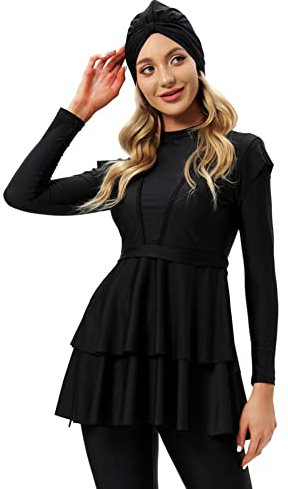 IWEMEK Muslimische Badeanzug Damen Modest Burkini Lang Bademode 3 Stück Ganzkörper Langarm Islamische Arabische UV Schutz Beachwear Surfen Anzug Top + Hose + Hijab Schwimmhaube #Schwarz 4XL