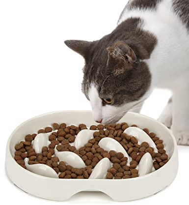 PETTOM Anti Schling Napf für Katzen und Kleine Hunde, Slow Feeder Katze rutschfest, Langsam Fressen Hund mit Hoher Kante gegen Herausfallen (19 * 14cm, Weiß)