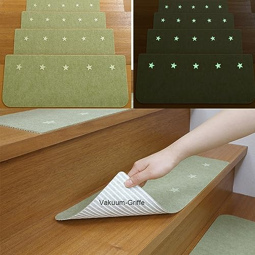 FuKuEn Stufenmatten Leuchtend Treppenstufenmatten Vacuum Tech Selbstklebend Stufenmatten Ohne Kleben Innen Gemustert Waschbar Stufenmatten Grün 7 Stück 55 x 21 cm