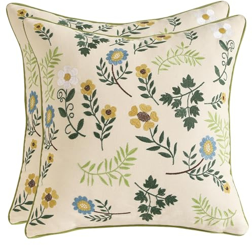 Tosleo Bestickte dekorative Wurfkissenbezüge 45 x 45 cm für Gartenlounge Sofa Dekokissen Wohnzimmer Schlafzimmer 2 Stück Set Kissenbezüge Blumenmuster (Grüne Blätter und gelbe Blüten, 45 x 45 cm)