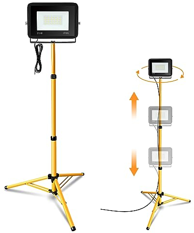 Jiubiaz LED Projecteur de Chantier avec Trépied Lampe, 20W Blanc Chaud 1700LM Lampes de Travail à LED, Étanche IP66 pour l'intérieur et l'extérieur Chantier, Rotation à 360 ° (Câble 1M, Sans prise)