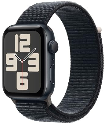 Apple Watch SE (2. Generation, 2023) (GPS, 44 mm) Smartwatch mit Aluminiumgehäuse und Sport Loop Armband in Mitternacht. Fitness- und Schlaftracker, Unfallerkennung, Herzfrequenzmesser, CO₂ neutral