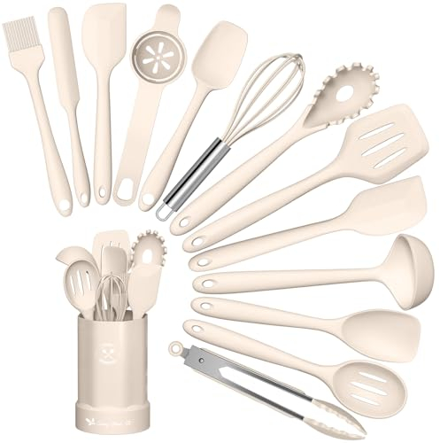 Küchenhelfer Set, 14-teiliges Silikon Kochutensilien Kochbesteck Set, Hitzebeständiger Kochgeschirr mit Utensilienhalter, Antihaft Kochset Küchenutensilien, Spülmaschinenfest - Khaki
