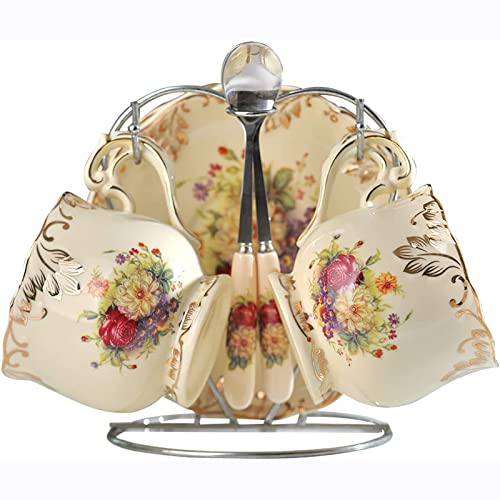 HUAMu Tasses et soucoupes avec cuillères et porte-tasse, motif rose vintage rétro en porcelaine anglaise pour thé, café, tasses à thé, tasses à café florales,pour 2 personnes