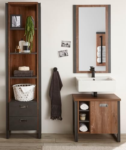 Furn.Design Badmöbel Set in Eiche Stirling und grau Matera Badkombination 3-teilig Waschbeckenunterschrank, Spiegel und Regal im Industrial Desgin 120 x 205 cm Auburn (Set 3)