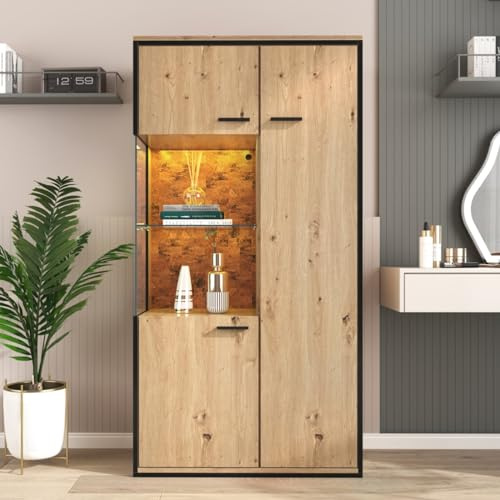 KOMHTOM Armoire de rangement moderne couleur bois, buffet haut avec trois portes et séparateurs réglables, armoire polyvalente avec étagères en verre pour salon, salle à manger, chambre (B)