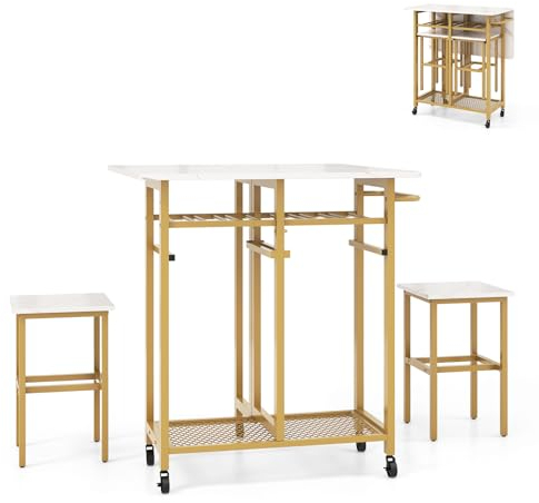 RELAX4LIFE 3-teiliges Esstisch Set Klappbar, Bartisch auf Rollen, Küchentisch mit 2 Hockern, Esszimmertisch mit 6 Flaschen Weinregal & Ablagen & Schiebegriff, Essgruppe für 2 Personen(Weiß+Gold)