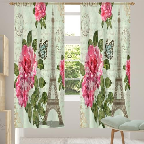 TropicalLife Paris Retro-Voile-Vorhang, transparent, 140 x 198 cm, Paris, Postkarten-Vorhang, durchsichtig, für Wohnzimmer, Schlafzimmer, Küche, Zuhause, Türdekoration, Vorhänge, 2 Paneele