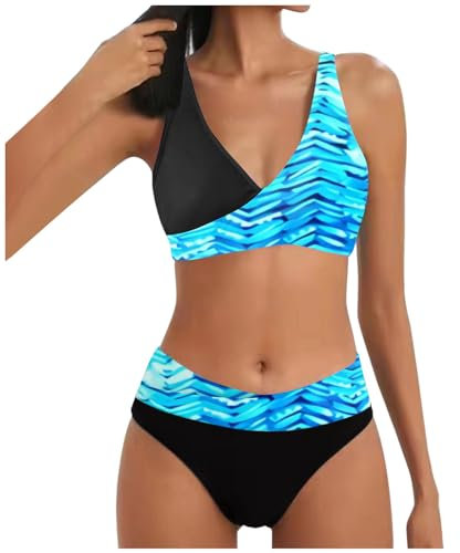 Allegorly Damen Bikini Set Triangel Breites Unterbrustband Zweiteiliger Badeanzug Wickeloptik Lace Up Bikini V Ausschnitt Blumenmuster Zweiteiliger Badeanzug Swimsuit (1D-Blue, XXL)