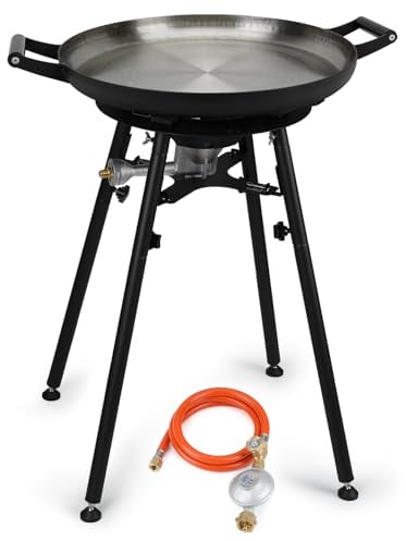 onlyfire Propan Kochsystem Komplett Set für Paella, Paellaset Gasbrenner Outdoor mit 54cm Paellapfanne und Abnehmbarer Fuß, DE Gasregler, mit 4 Beinen und Windschutzscheibe, für Wok, Grillplatte