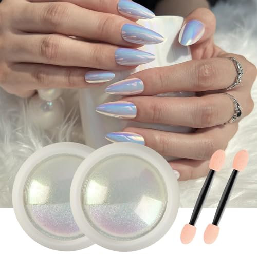 GZMAYUEN Glassy Pearl Nail Powder Magic Mermaid Chrome Nail Powder, 2 Boxes Glazed Donut Aurora Iridescent Neon Pearl Powder for Nails DIY Salon
